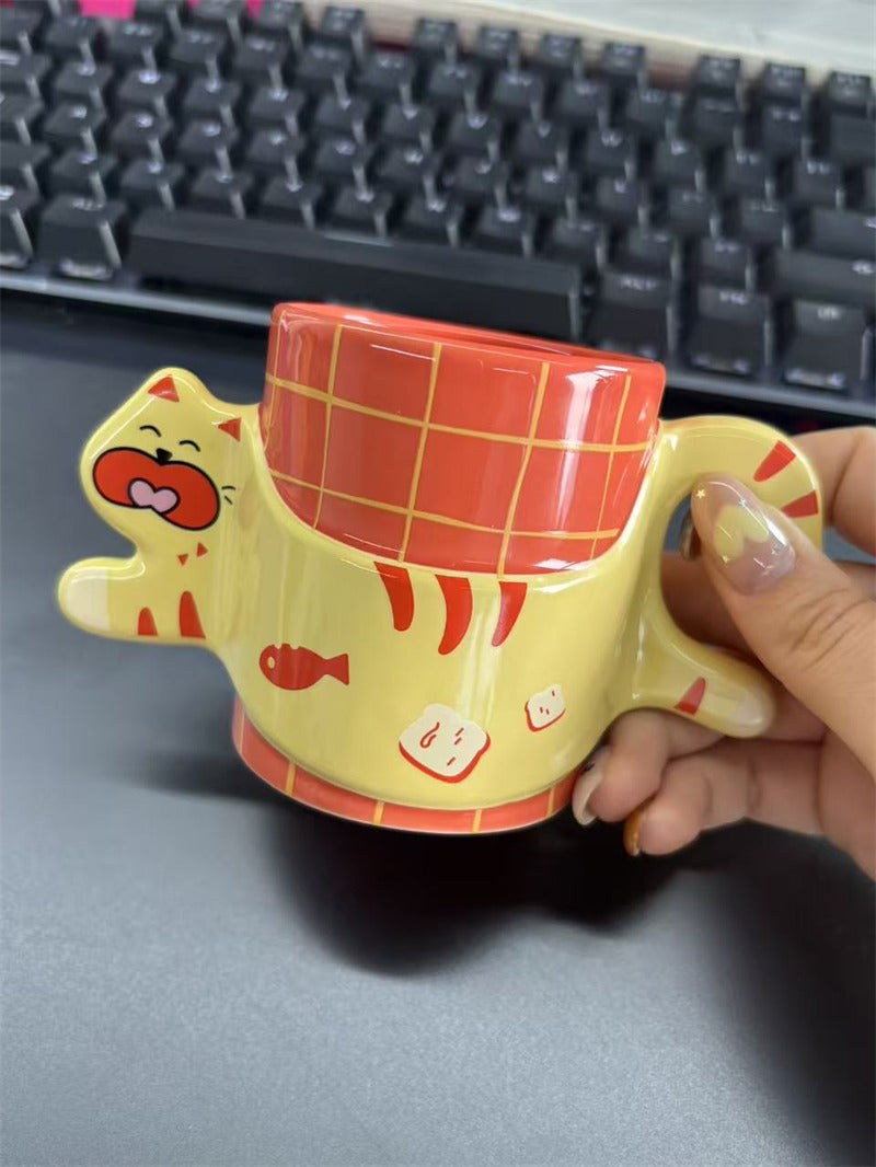 Small Capacity Happy Running Cartoon Cat Coffee Cup,Whimsical Animal Drinkware Tea Cup