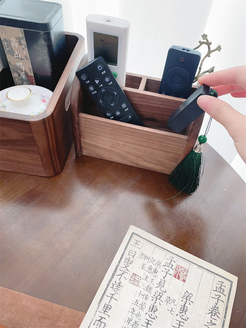 Home & Office Wooden Desktop Organizer Box - Multi-Compartment Storage for Remote Controls, Glasses