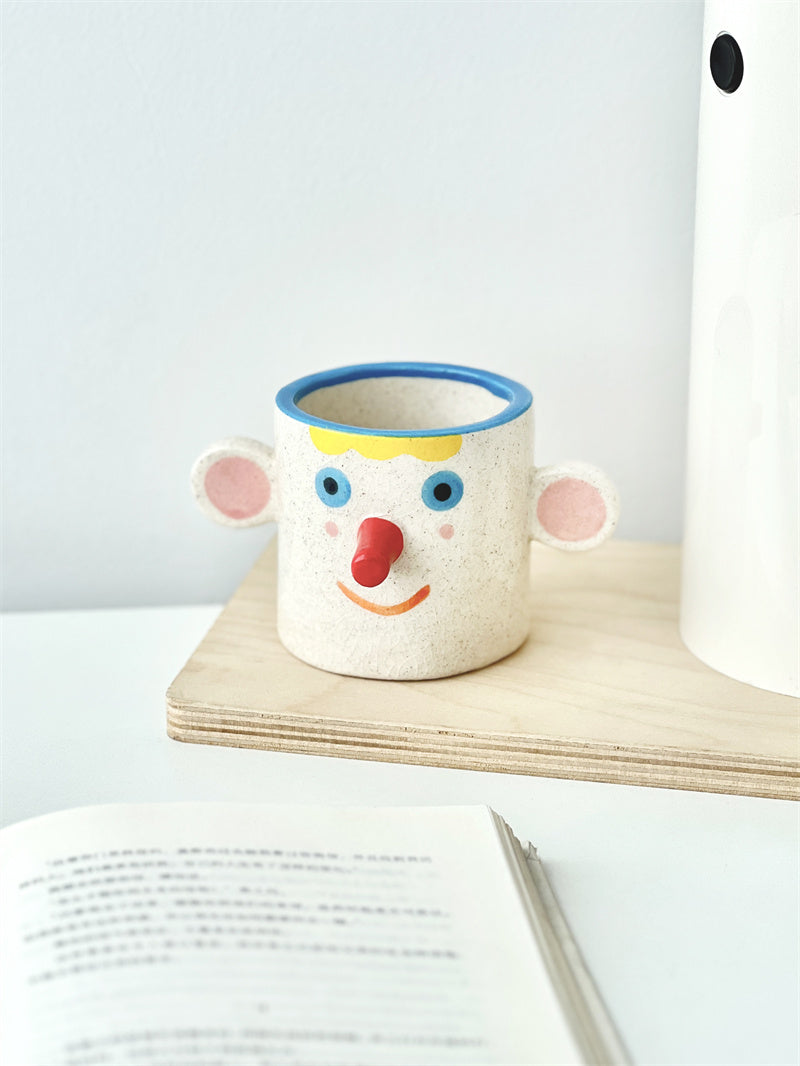 Ice Crack Art Ceramic Cartoon Face Coffee Cup - Playful Pen Holder & Desk Organizer