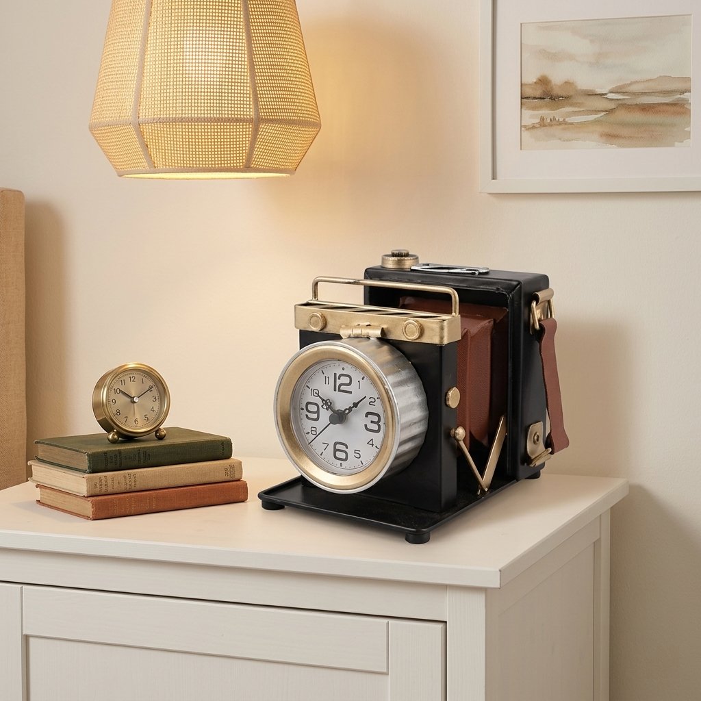 Iron Vintage Camera Shaped Desk Clock, Retro Antique Camera Figurine Silent Non-Ticking Metal Table Clock , Classic Photographer Themed Decor for Bedroom Office Shelf