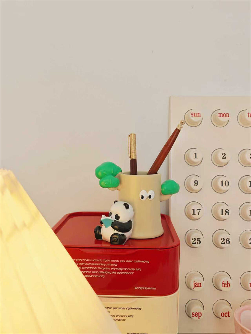 Kawaii Panda and Tree Trunk Pen Holder - Whimsical Desk Organizer Ceramic Pencil Cup - Cute Office Stationery Storage & Makeup Brush Holder Gift