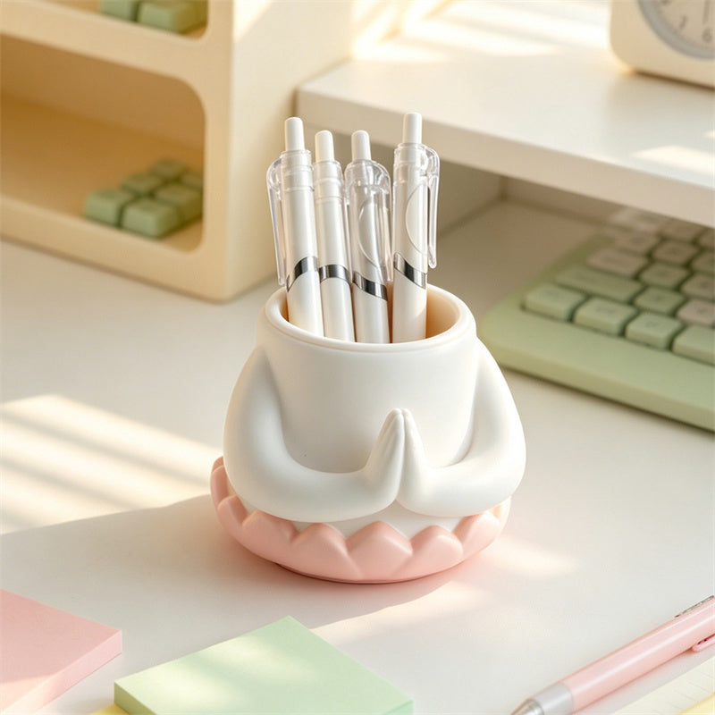 Kawaii Praying Desktop Pen Holder – Whimsical Lotus Base Desk Organizer Pencil Cup – Cute Aesthetic Stationery & Makeup Brush Holder Gift