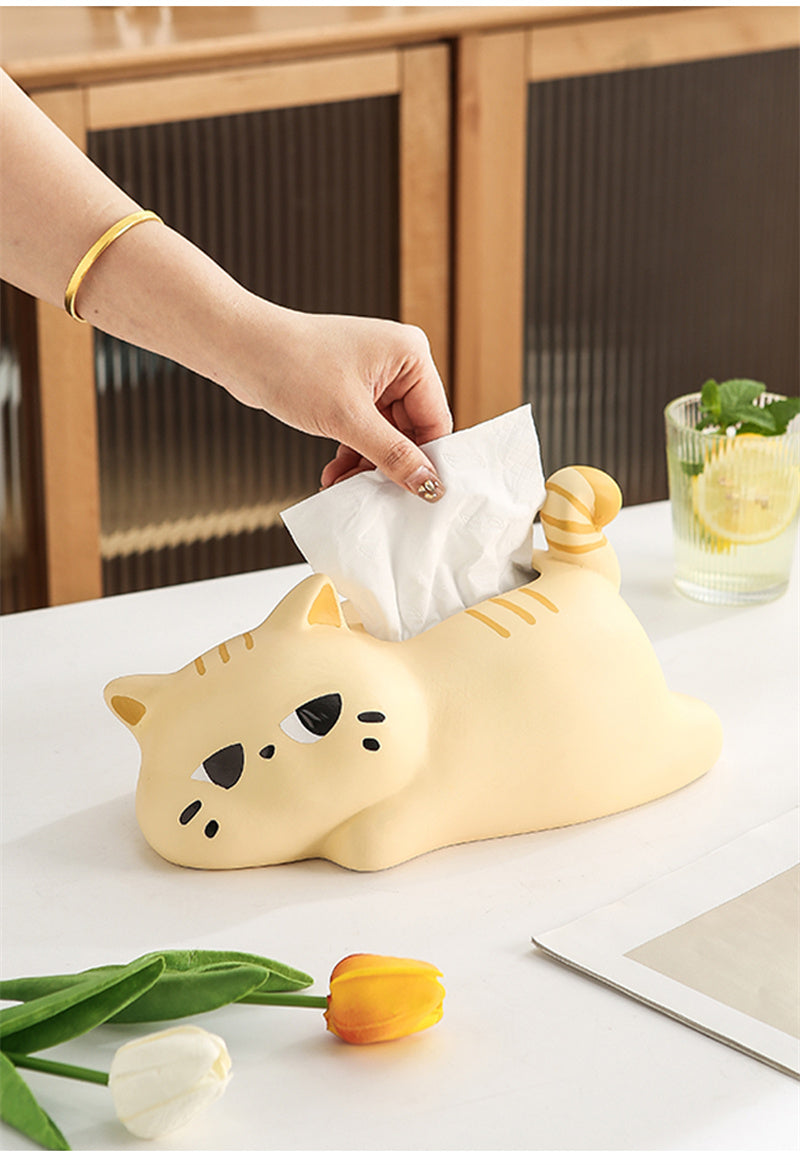 Lazy Cat Ceramic Tissue Box - Playful Napkin Holder with Sleeping Kitty Design