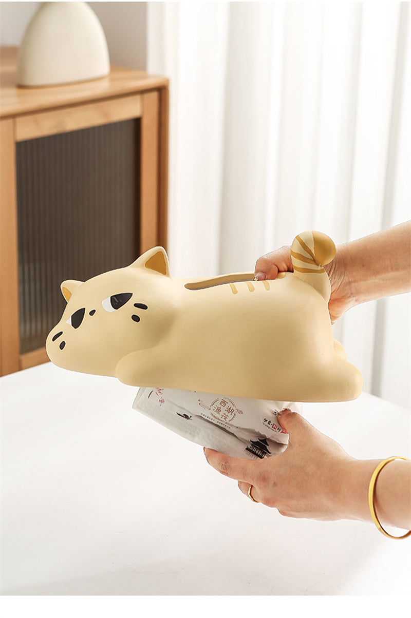 Lazy Cat Ceramic Tissue Box - Playful Napkin Holder with Sleeping Kitty Design