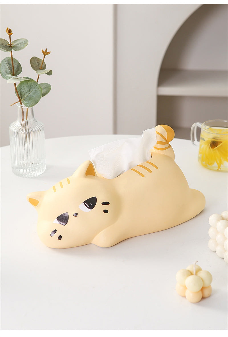 Lazy Cat Ceramic Tissue Box - Playful Napkin Holder with Sleeping Kitty Design