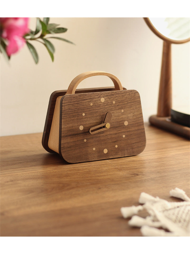 Mini Wooden Handbag Desk Clock - Fashion-Inspired Silent Movement Tabletop Decor