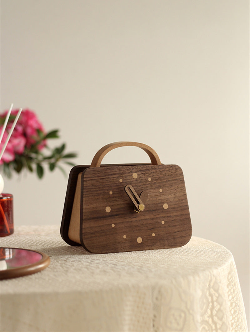 Mini Wooden Handbag Desk Clock - Fashion-Inspired Silent Movement Tabletop Decor