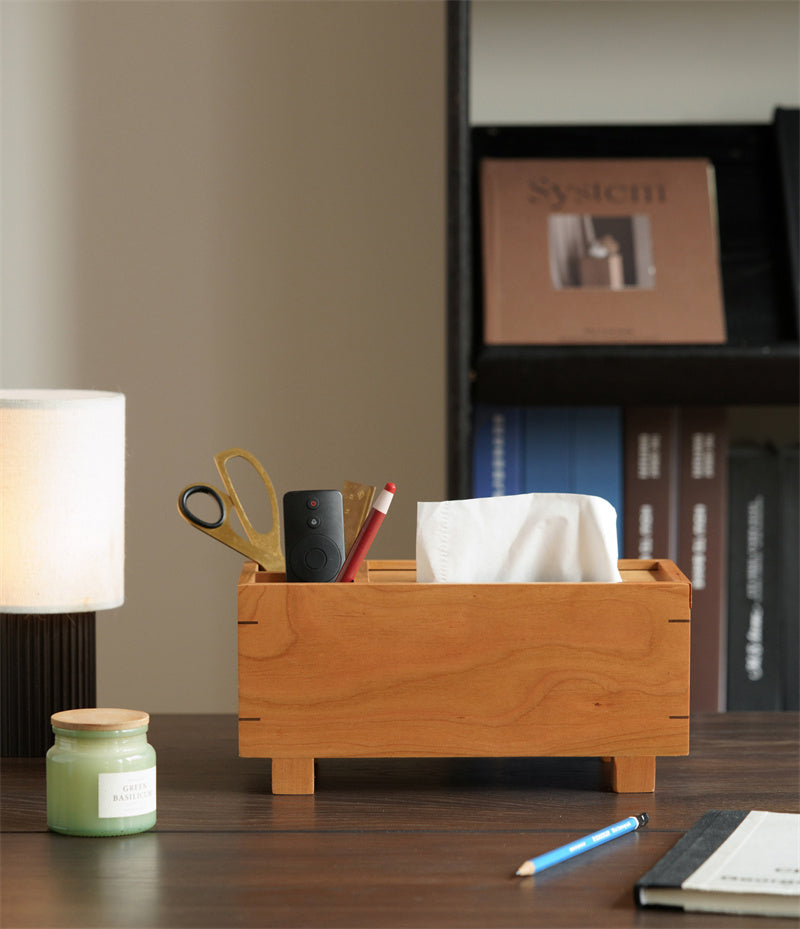 Minimalist Natural Solid Wood Tissue Box &Organizer, Desktop Storage Caddy with Multi Compartments for Facial Tissues, Pens, Scissors, TV Remote Controls, Decorative