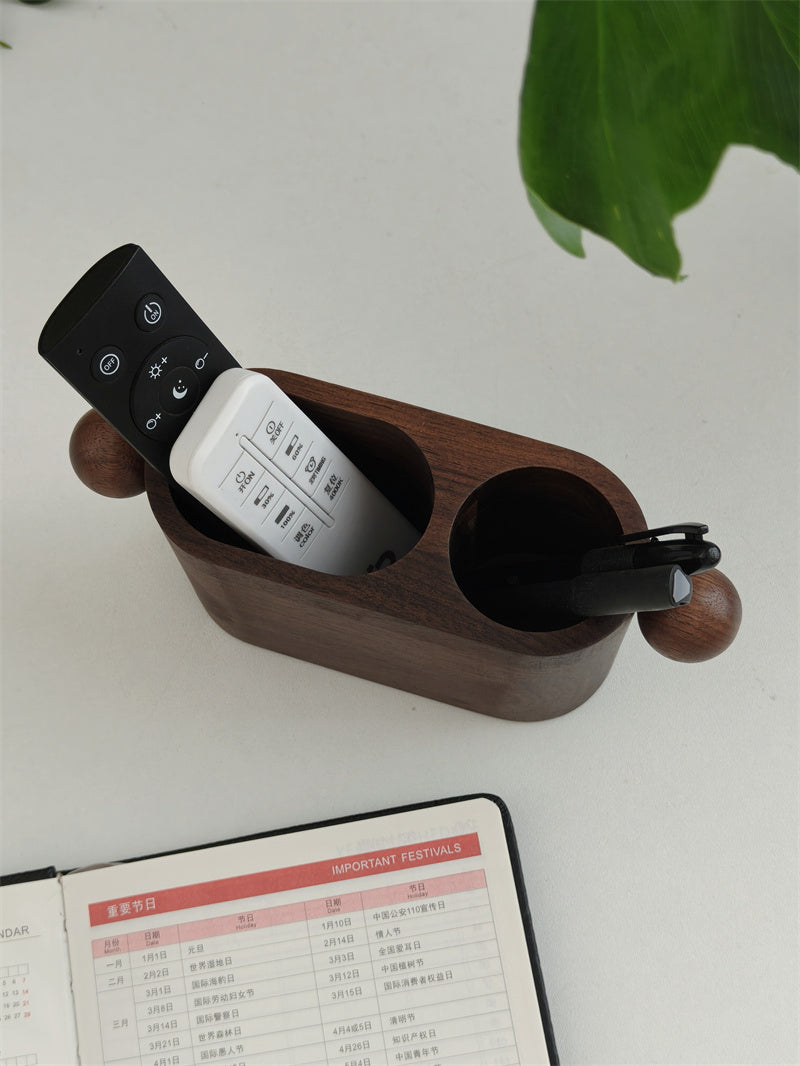 Minimalist Walnut Pen Holder & Desk Organizer - Dual-Slot Wooden Storage Box for Office & Home