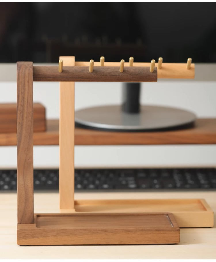 Minimalist Wooden Desk Organizer with 4 Brass Hooks