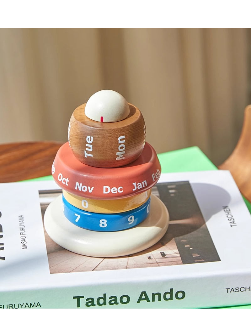 Mixed color art wooden rotating perpetual calendar, office desktop decoration