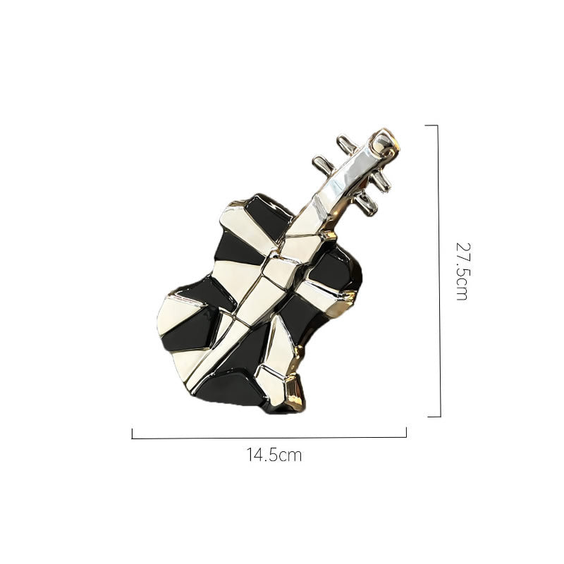 Modern Abstract Guitar Sculpture - Ceramic Decorative Statue with Geometric Panels & Silver Accents for Home Decor