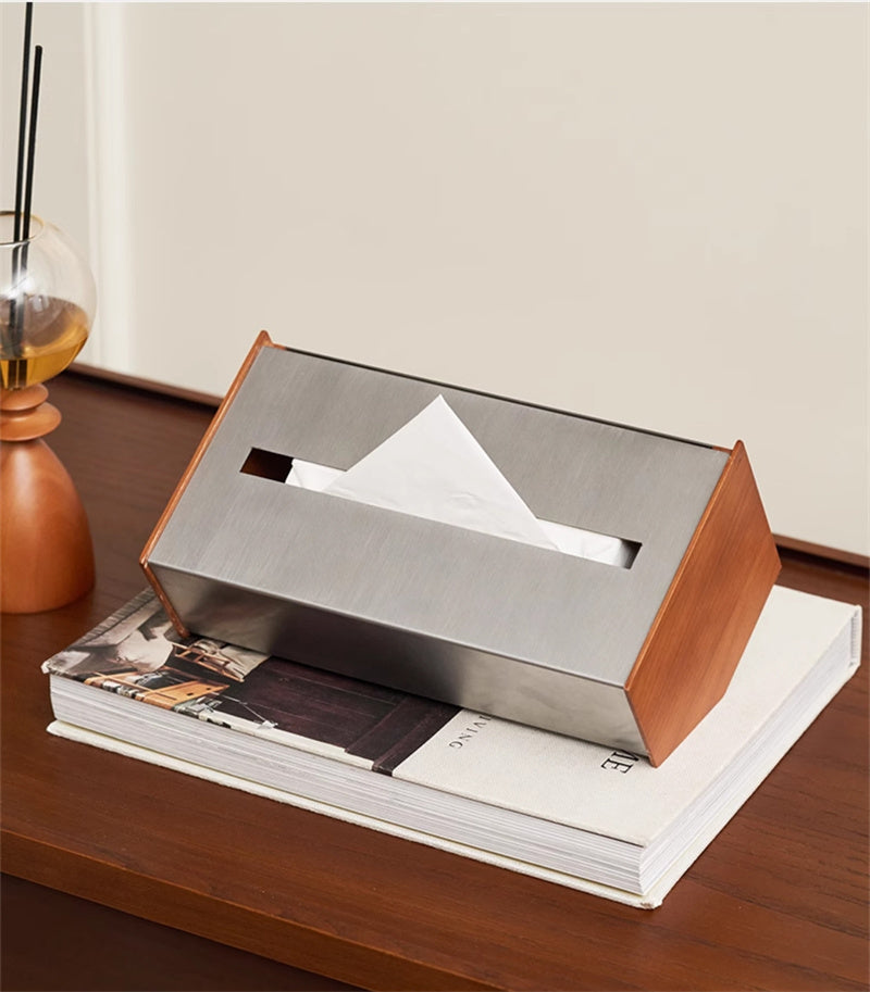 Modern Irregular Stainless Steel & Wood Tissue Box - Home Office Desk Organizer