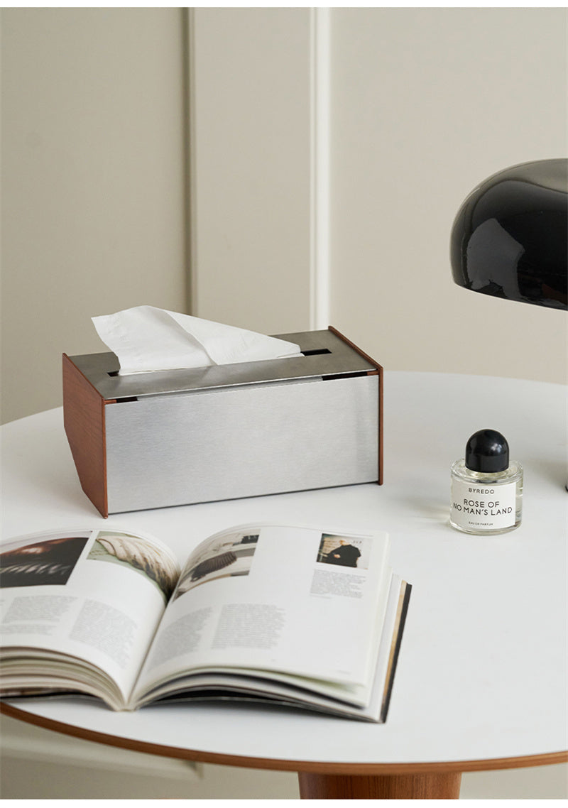 Modern Irregular Stainless Steel & Wood Tissue Box - Home Office Desk Organizer