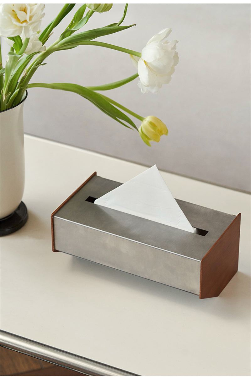 Modern Irregular Stainless Steel & Wood Tissue Box - Home Office Desk Organizer