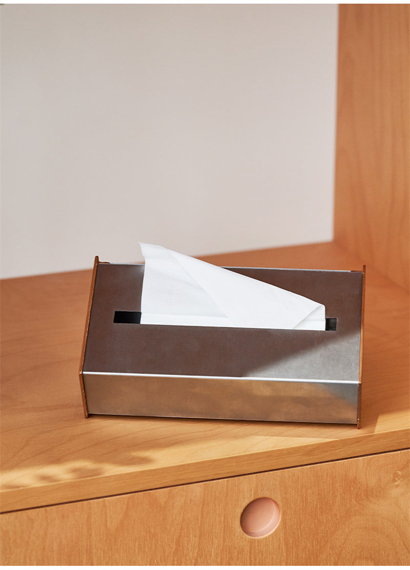 Modern Irregular Stainless Steel & Wood Tissue Box - Home Office Desk Organizer