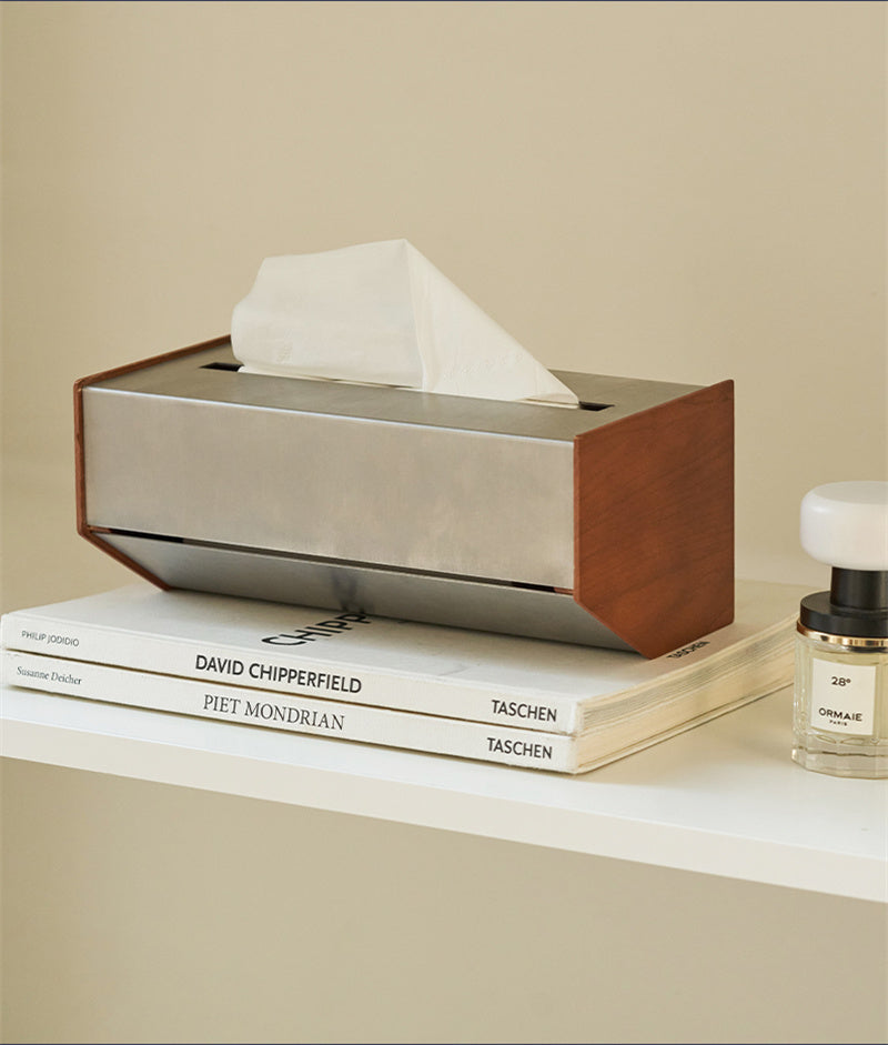 Modern Irregular Stainless Steel & Wood Tissue Box - Home Office Desk Organizer
