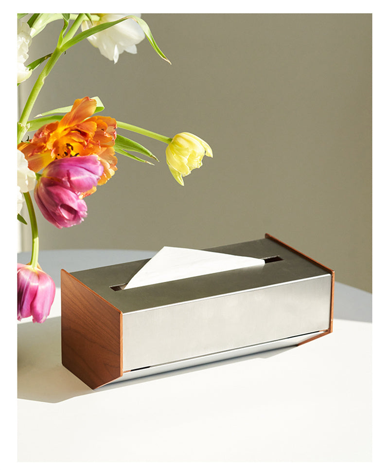 Modern Irregular Stainless Steel & Wood Tissue Box - Home Office Desk Organizer