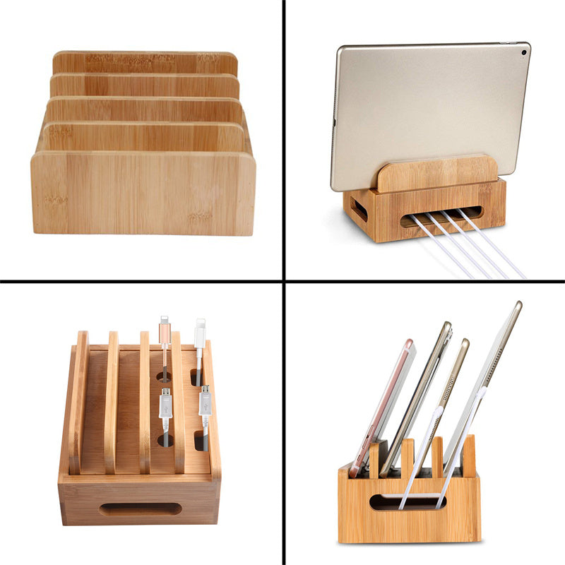 Multi-Slot Bamboo Phone Stand - Charging Dock for iPad & Tablets, Desktop Organizer for Home/Office