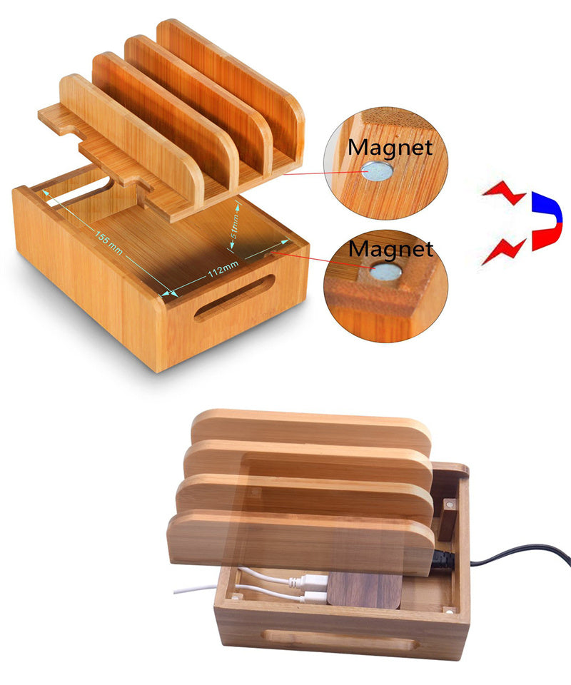 Multi-Slot Bamboo Phone Stand - Charging Dock for iPad & Tablets, Desktop Organizer for Home/Office