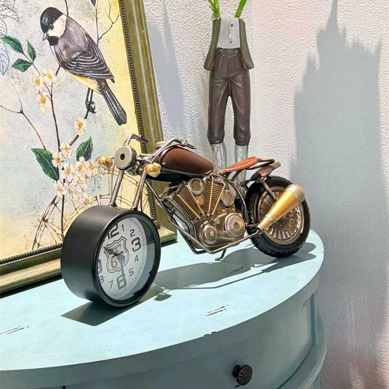 Nostalgic Retro Wrought Iron Motorcycle With Clock, Home And Office Decoration
