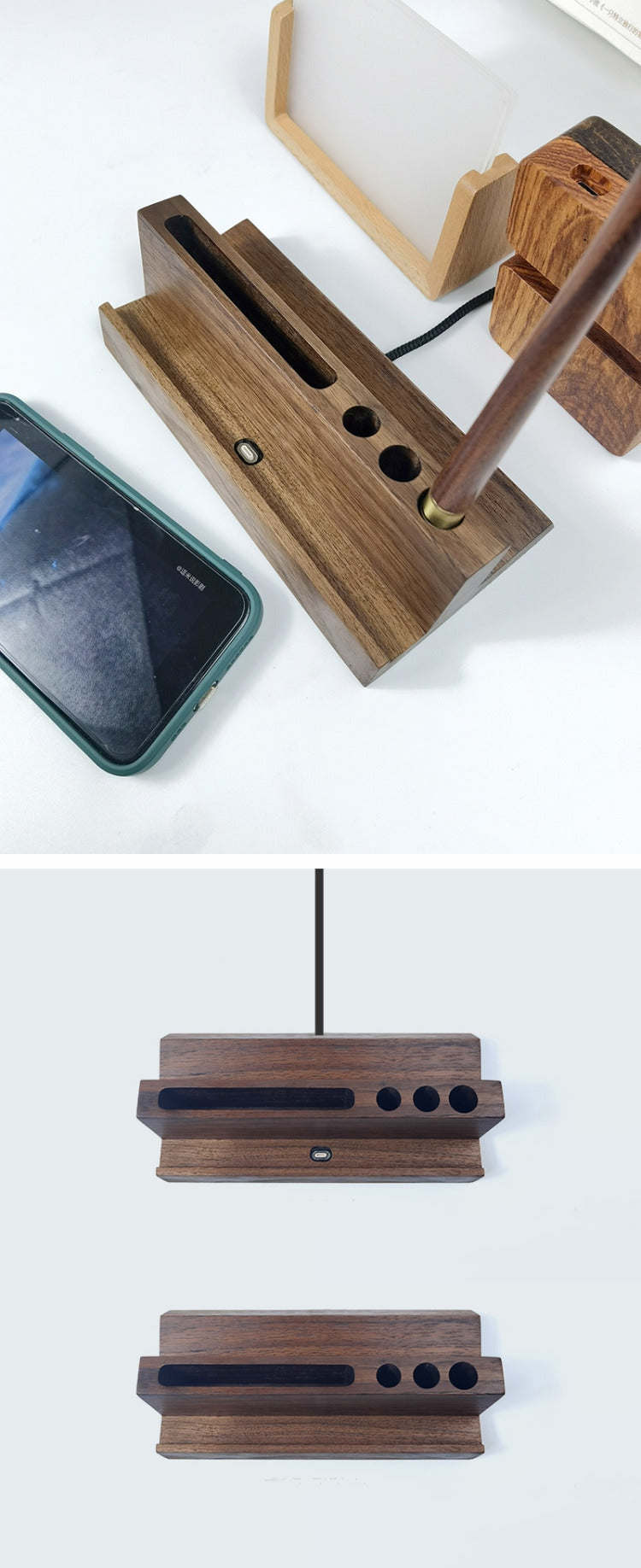 Office desk organizer wooden pen holder, cell phone holder, business card holder