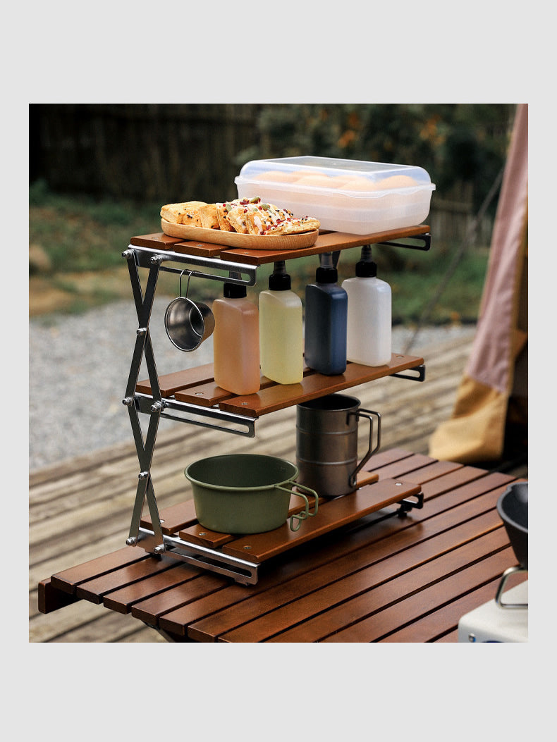 Outdoor Camping Portable Wooden Folding Storage Rack, Organizing Holder