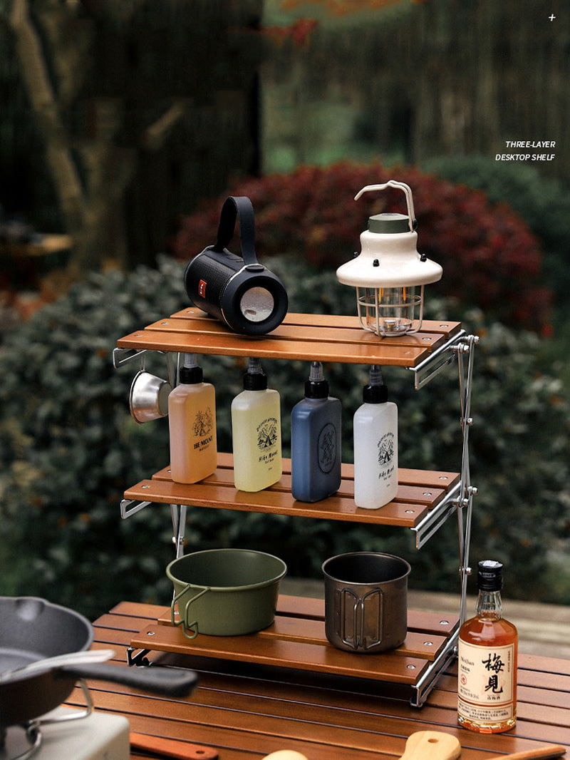 Outdoor Camping Portable Wooden Folding Storage Rack, Organizing Holder
