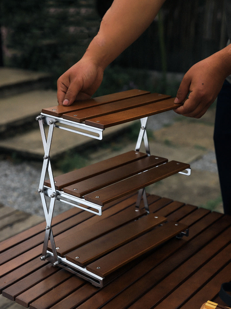 Outdoor Camping Portable Wooden Folding Storage Rack, Organizing Holder