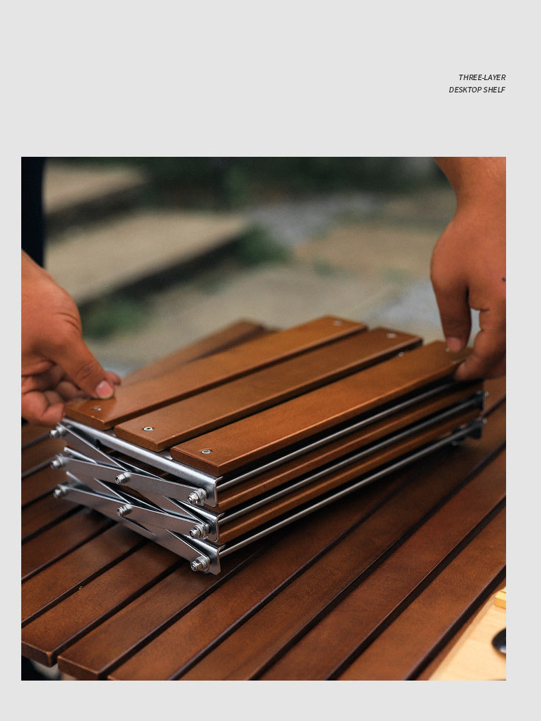 Outdoor Camping Portable Wooden Folding Storage Rack, Organizing Holder