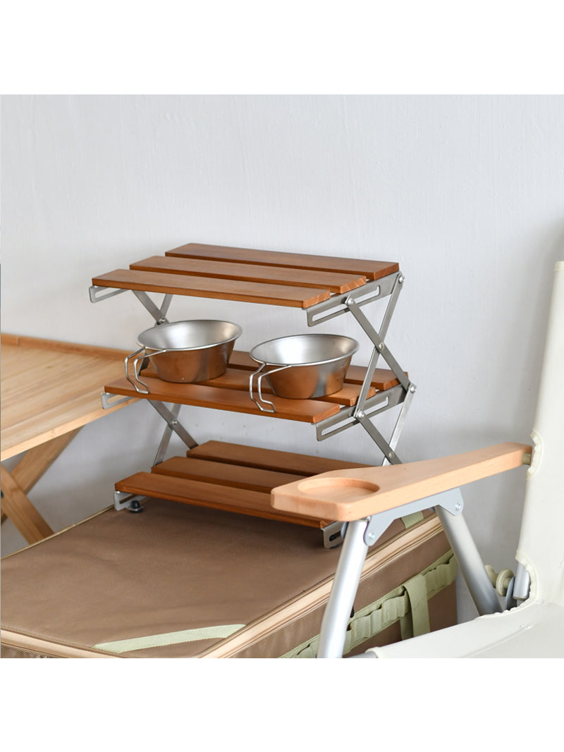 Outdoor Camping Portable Wooden Folding Storage Rack, Organizing Holder