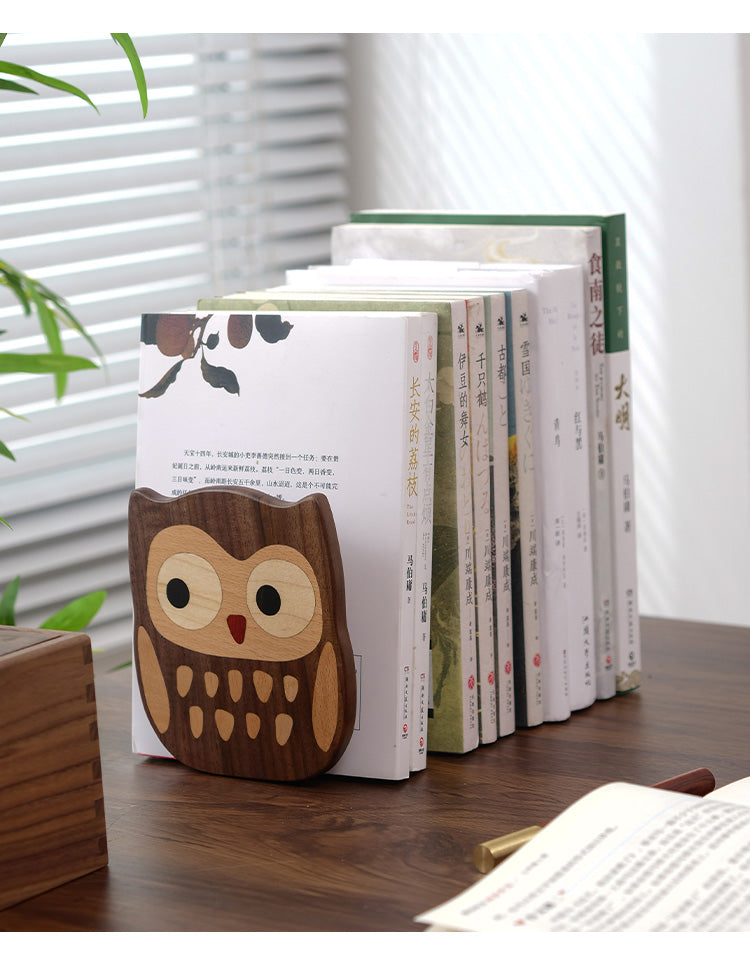 Owl-Shaped Wood Bookend - Cute Decorative Book Organizer for Desks, Bookshelves & Studies