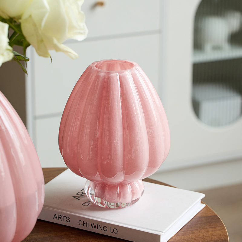 Pink Ribbed Glass Vase, Elegant Floral Arrangement Decor for Home