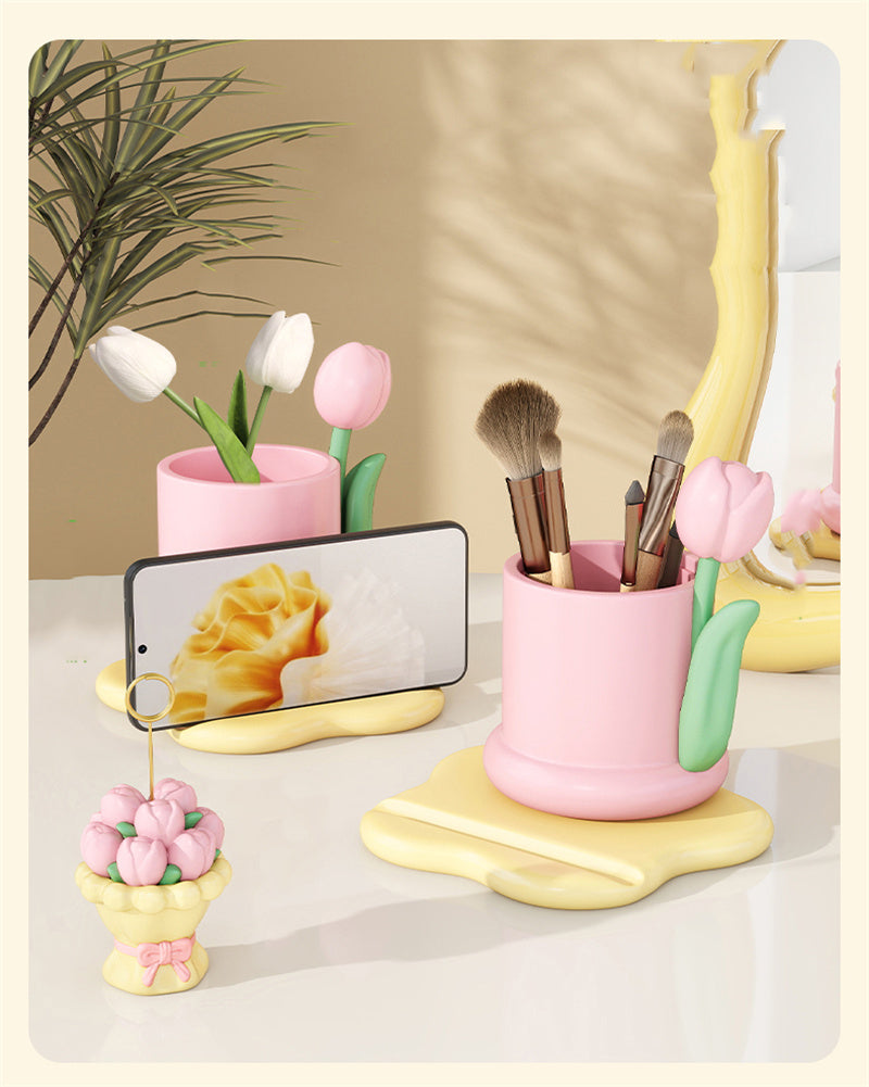 Pink Tulip Desk Organizer - Pen Holder, Phone Stand & Mini Flower Decoration for Cute Workspace Decor