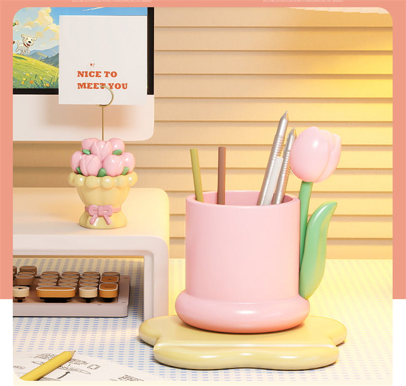 Pink Tulip Desk Organizer - Pen Holder, Phone Stand & Mini Flower Decoration for Cute Workspace Decor