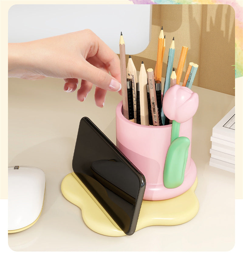 Pink Tulip Desk Organizer - Pen Holder, Phone Stand & Mini Flower Decoration for Cute Workspace Decor