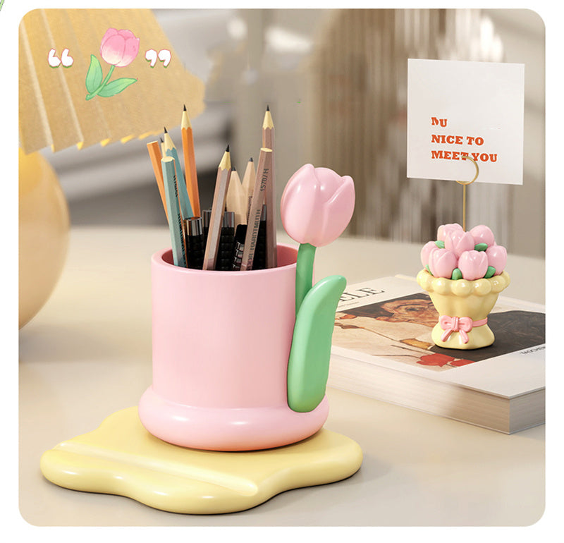 Pink Tulip Desk Organizer - Pen Holder, Phone Stand & Mini Flower Decoration for Cute Workspace Decor