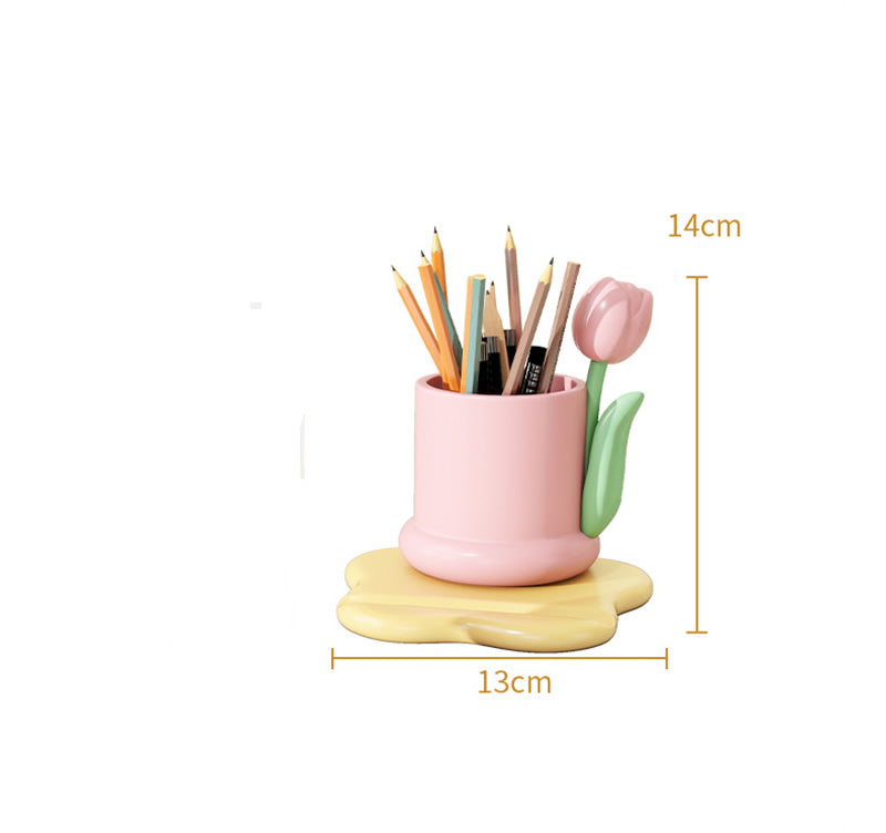 Pink Tulip Desk Organizer - Pen Holder, Phone Stand & Mini Flower Decoration for Cute Workspace Decor