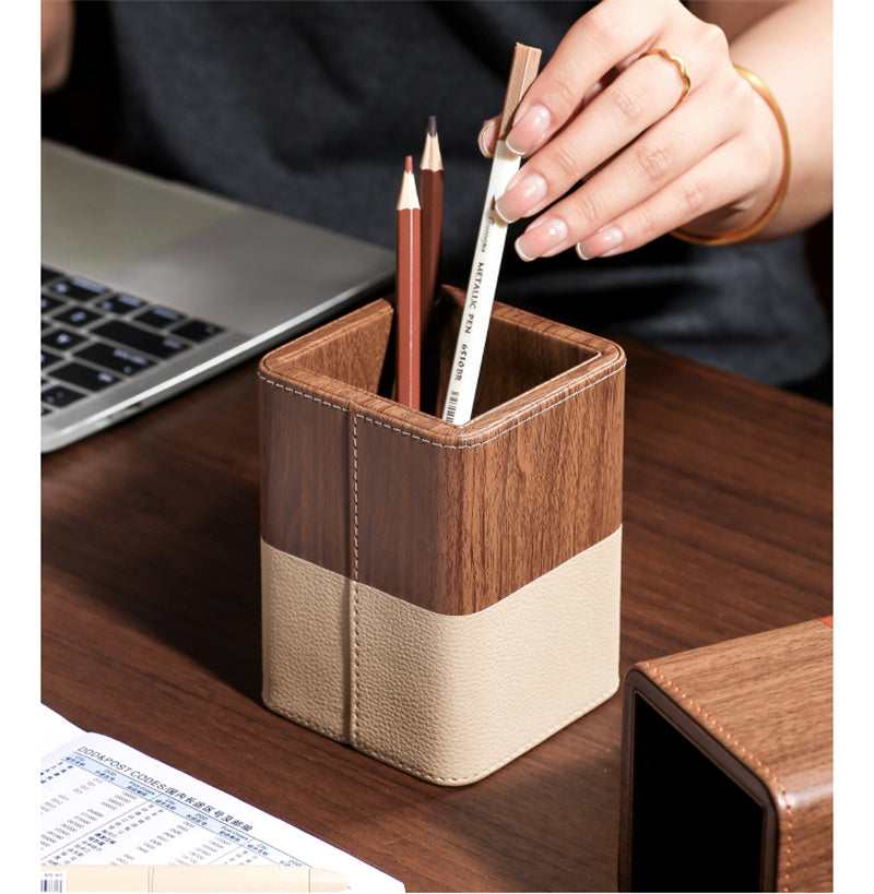 PU Faux Wood Pen Holder with Color - Block Leather Design, Multi - Color Desktop Organizer