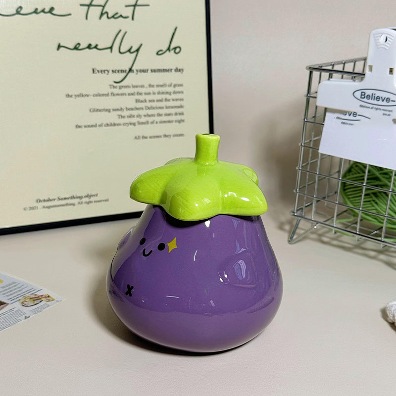 Purple eggplant ceramic mug with happy smiley face, creative gift