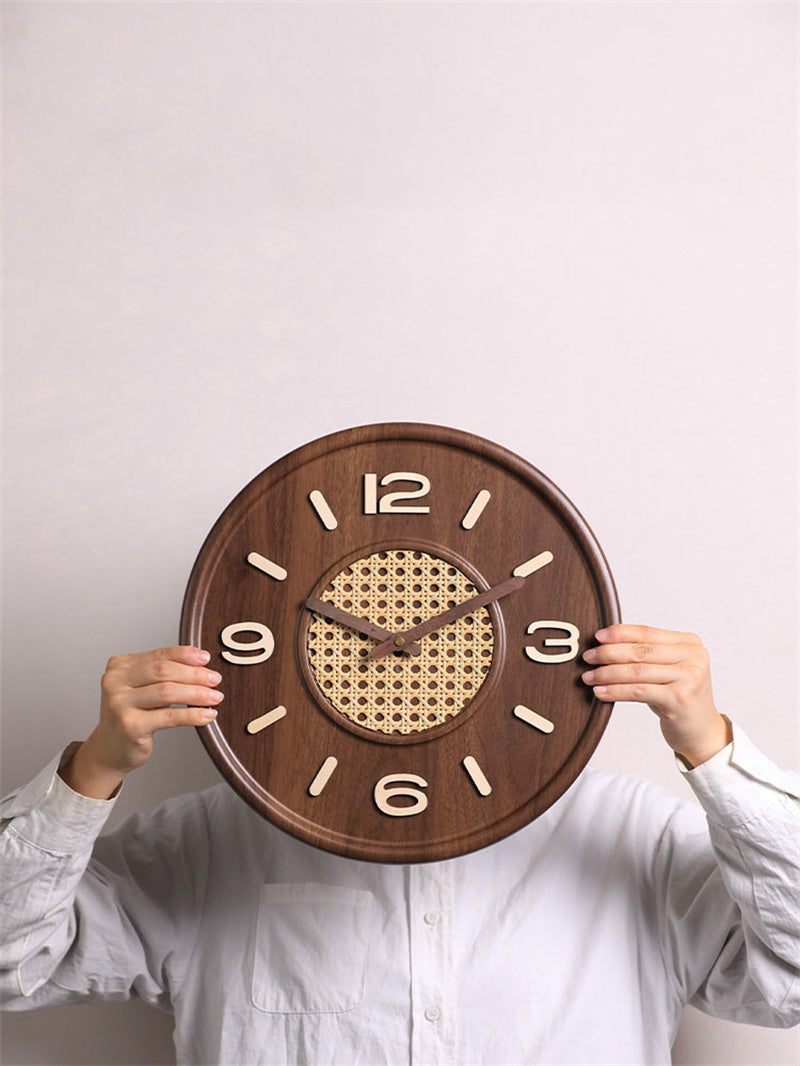 Rattan - Inlaid Wooden Wall Clock, Retro Round Silent Wall Clock