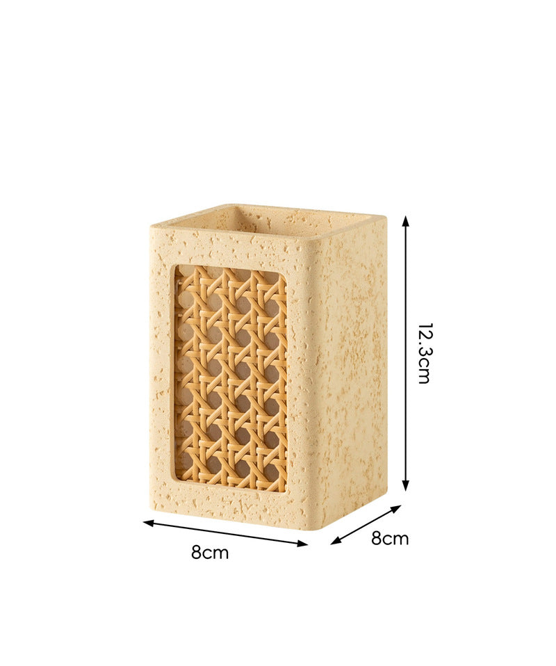 Rattan-Inset Travertine Pen Holder - Minimalist Desktop Organizer for Stationery