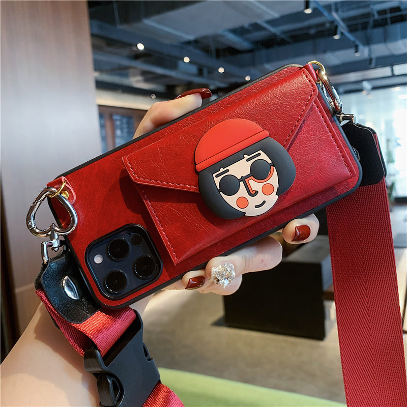 Red Apple iPhone Case with Detachable Girl Card Holder - Includes Crossbody Strap