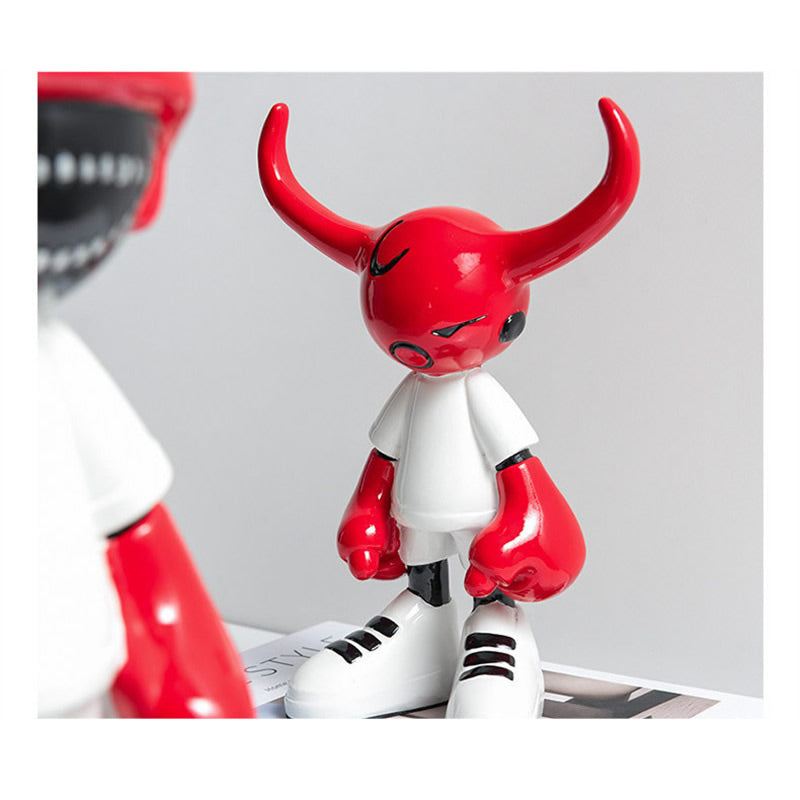 Red Horned Boxer Art Sculpture - Glossy Resin Streetwear-Inspired Decorative Figurine