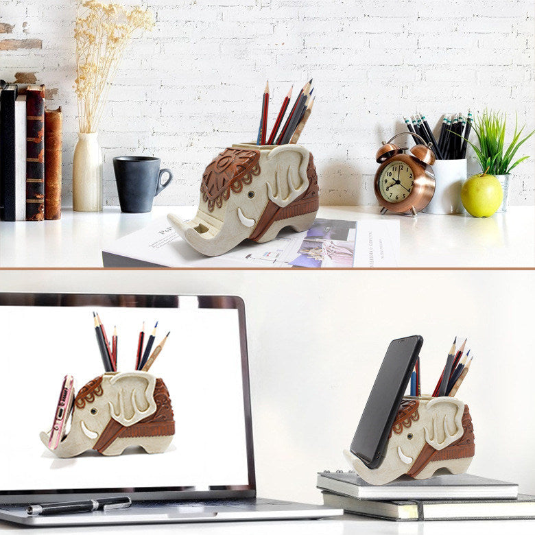 Retro Elephant Office Organizer Pen Holder, Mobile Phone Holder