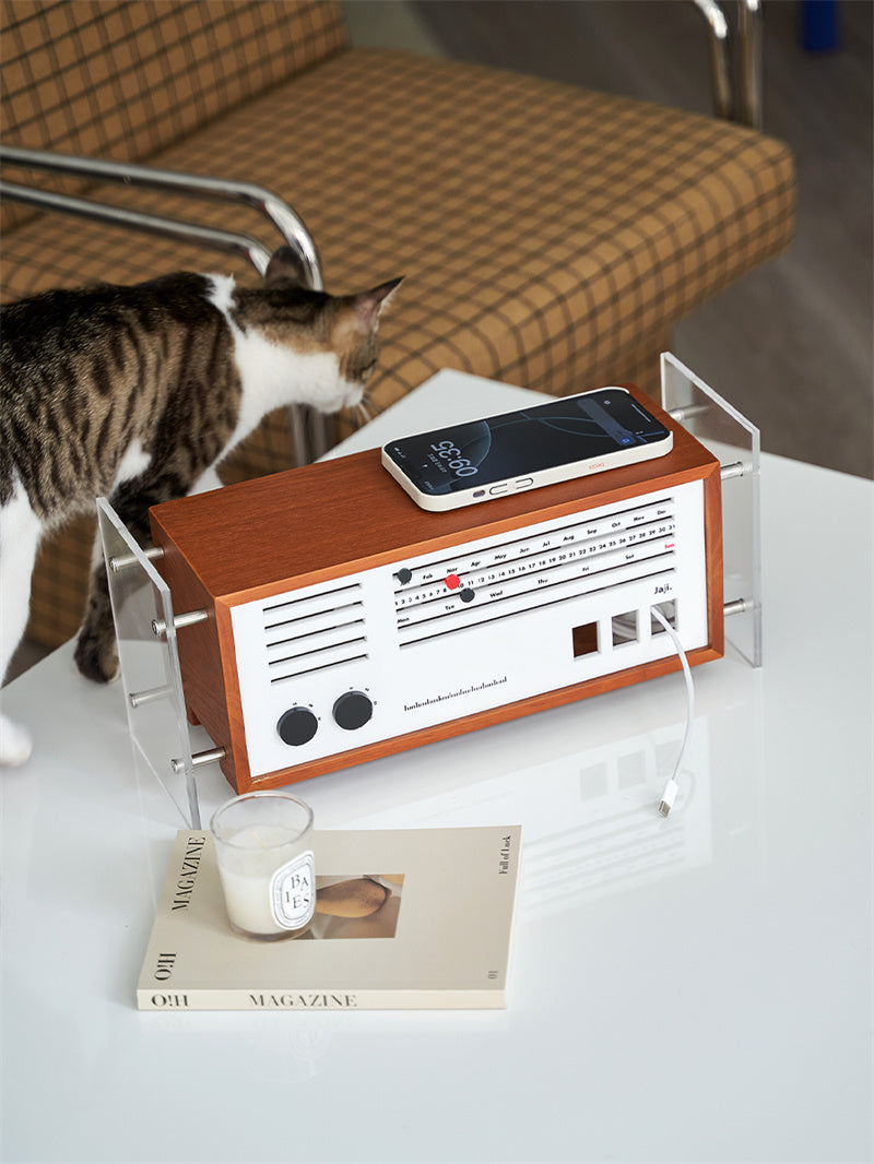 Retro Wooden Radio Desktop Storage Box - Vintage Power Socket &Data Cable Organizer