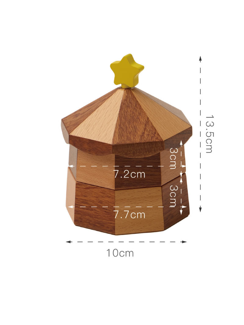 Rotating Carousel Wooden Jewelry Trinket Box, Multi‑Layer Octagonal Desk Organizer,Cute Star‑Knob Lid, Small Item Storage for Home Office
