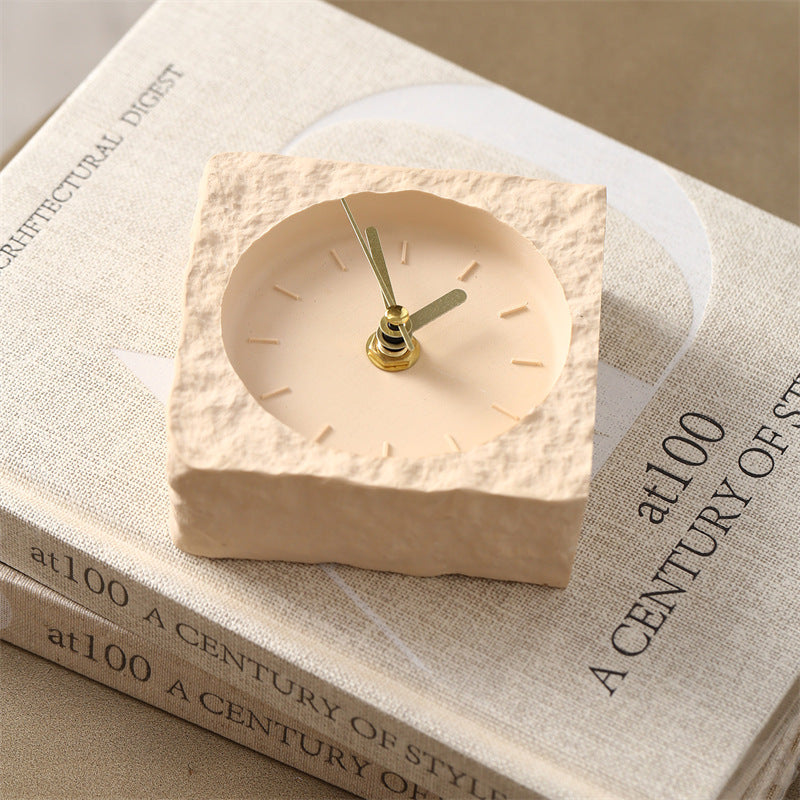 Rough Rock Texture Solid Square Desk Clock, Minimalist Silent Non-Ticking No Number Table Clock, for Home & Office ,Bedroom ,Living Room