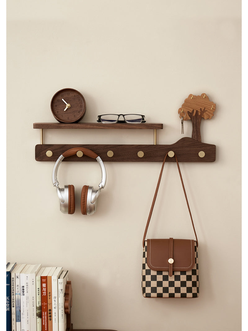 Rustic Tree Wall Organizer - Wooden Shelf with Storage Tray & Brass Hooks