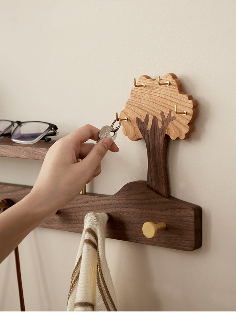 Rustic Tree Wall Organizer - Wooden Shelf with Storage Tray & Brass Hooks